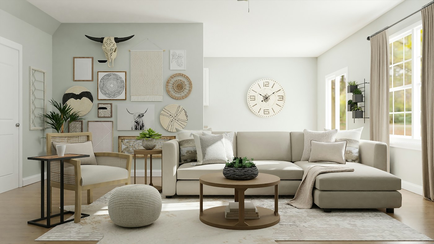 Serene garden-facing main bedroom in soft natural tones