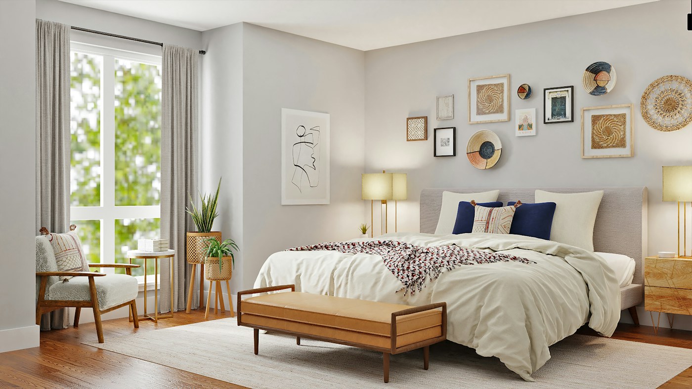Warm contemporary bedroom with a low upholstered bed