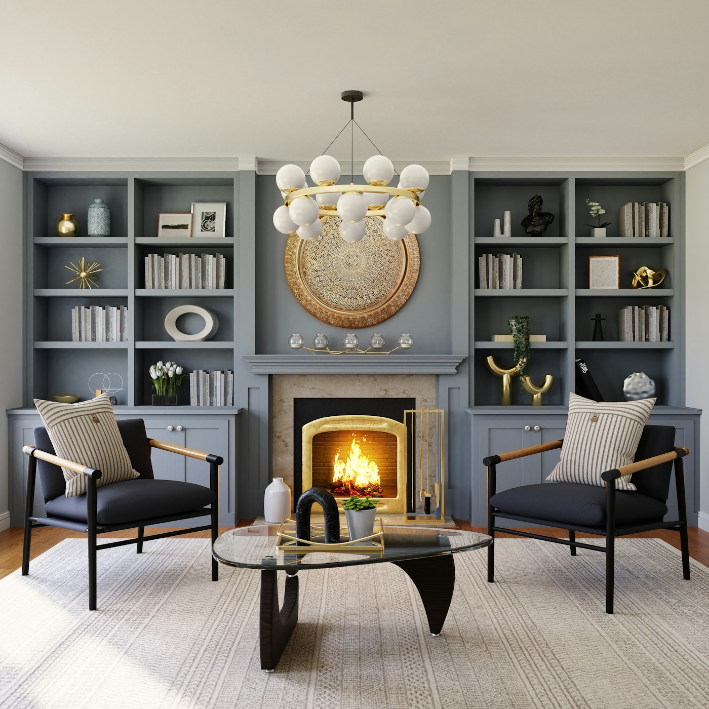 Bright contemporary living room with a generous seating arrangement and built-in display shelves