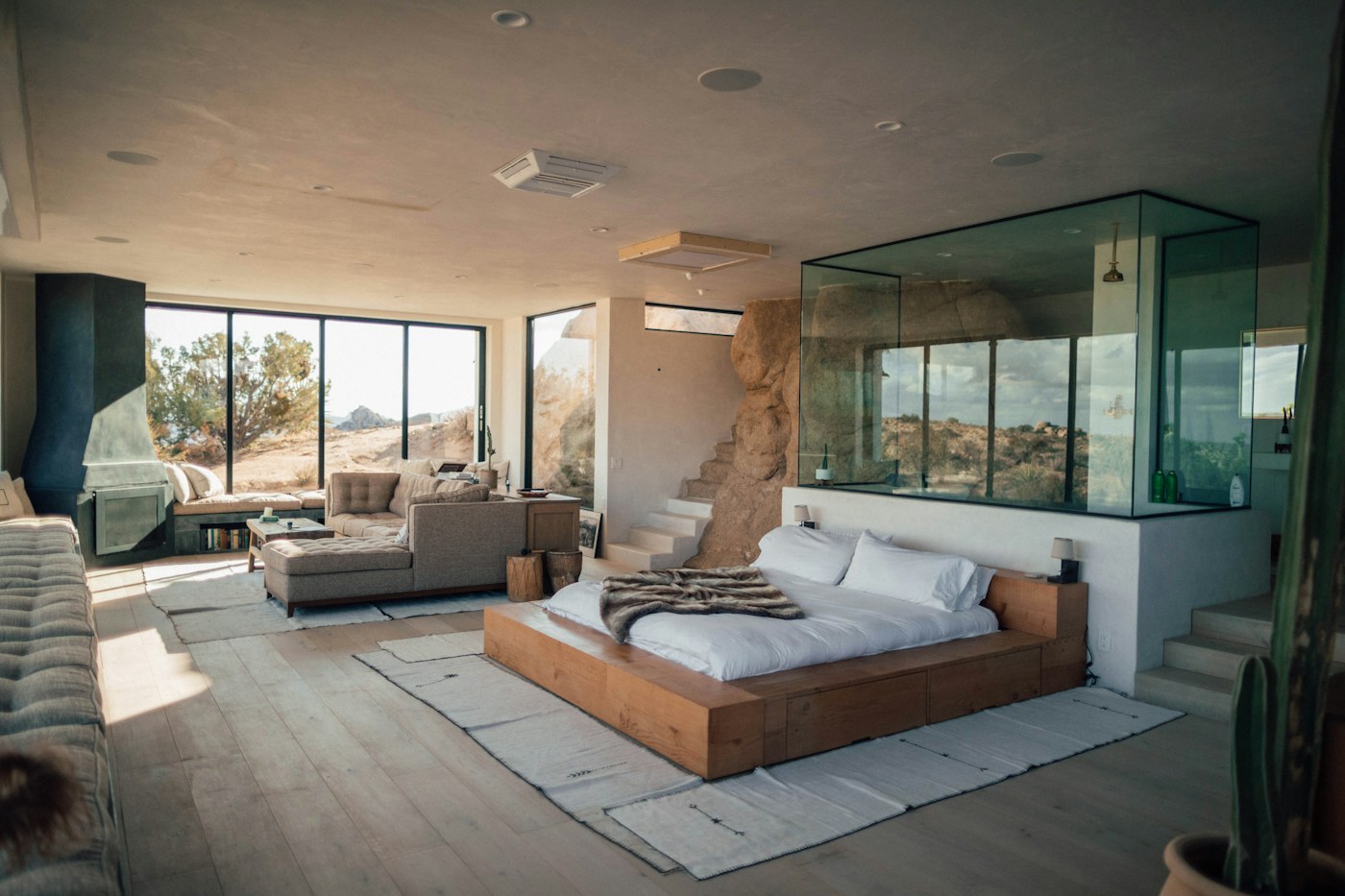 Coastal retreat room with limestone finishes and soft light