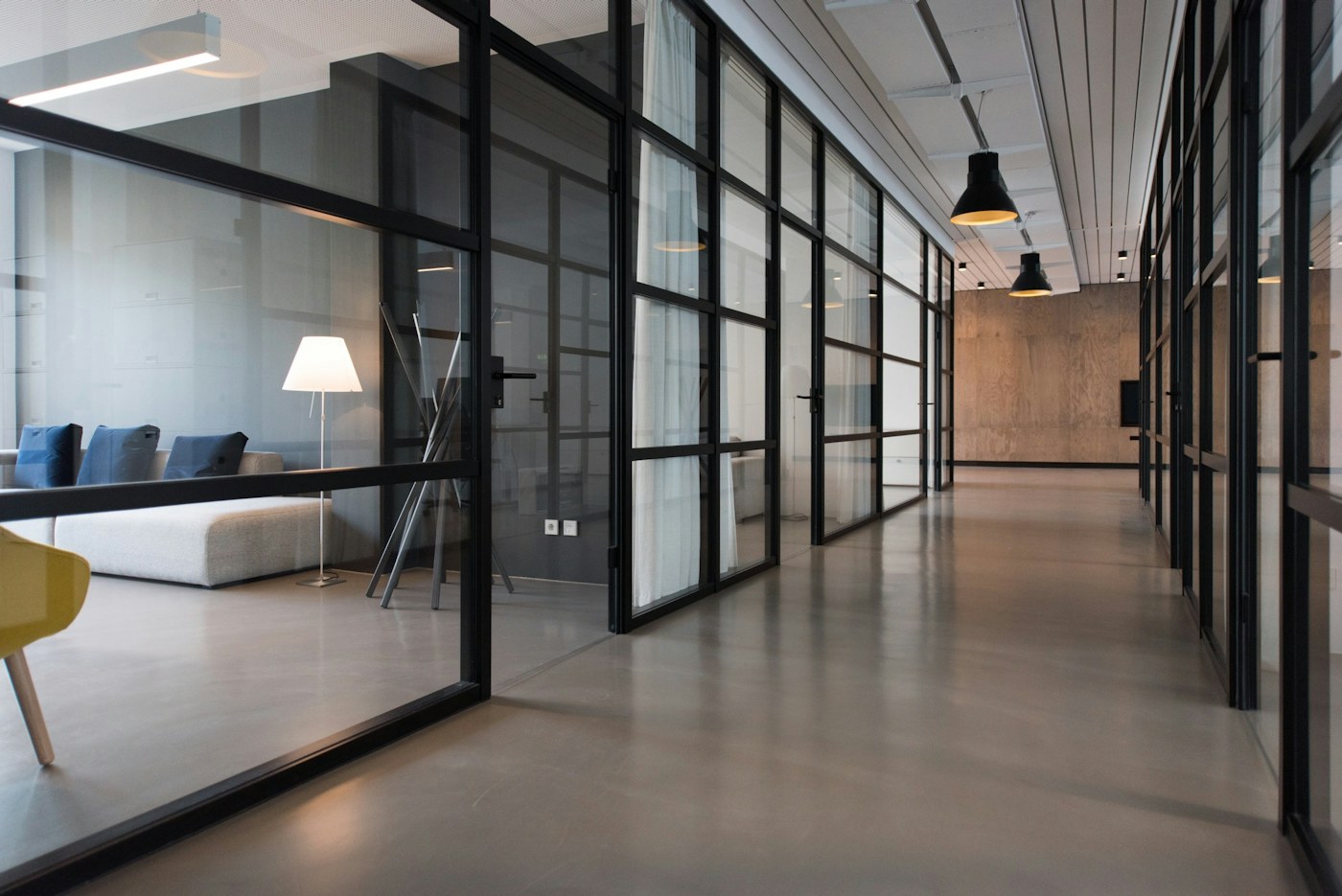 Plywood and glass office breakout lounge